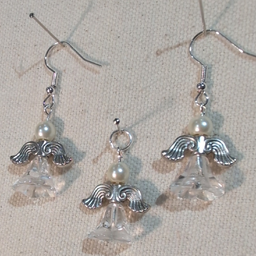 Handmade Silver Tone and Glass Pearl Angel Earrings & Pendant Set